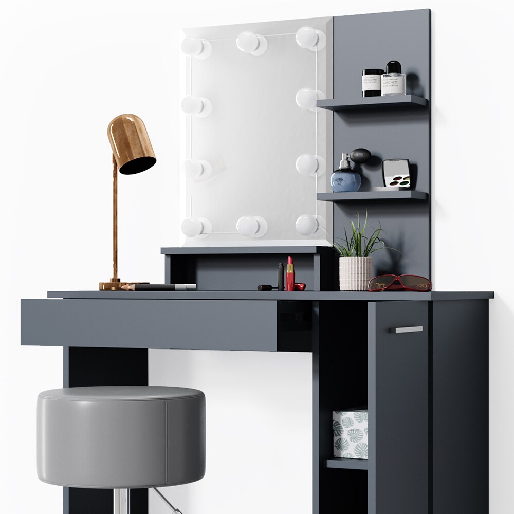 Vicco Schminktisch Julia Frisiertisch Kommode Frisierkommode Spiegel Anthrazit inklusive Hocker und LED-Lichterkette