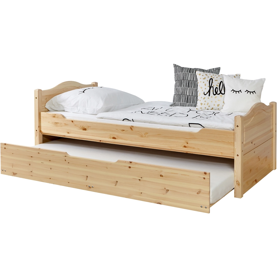 TiCAA Einzelbett Leni 90 x 200 cm Kiefer natur mit Zusatzbett