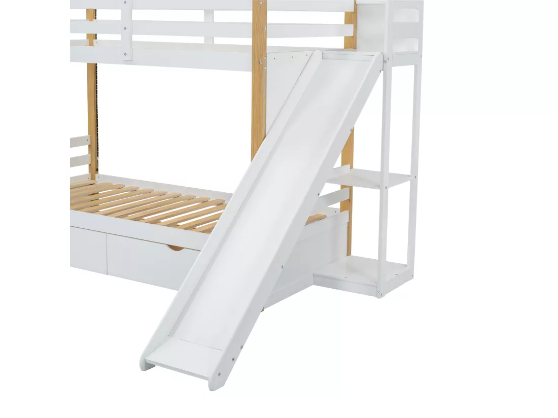 Lit superposé 90x200 cm - en bois de pin et MDF - avec LED, 2 tiroirs, échelle et toboggan - Blanc