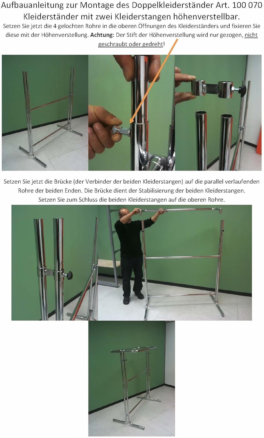 GERSO Doppelkleiderständer Profi Kleiderstange Metall verchromt höhenverstellbar 115–185 cm 120 cm Breite 100 kg Traglast werkzeuglose Montage stabil
