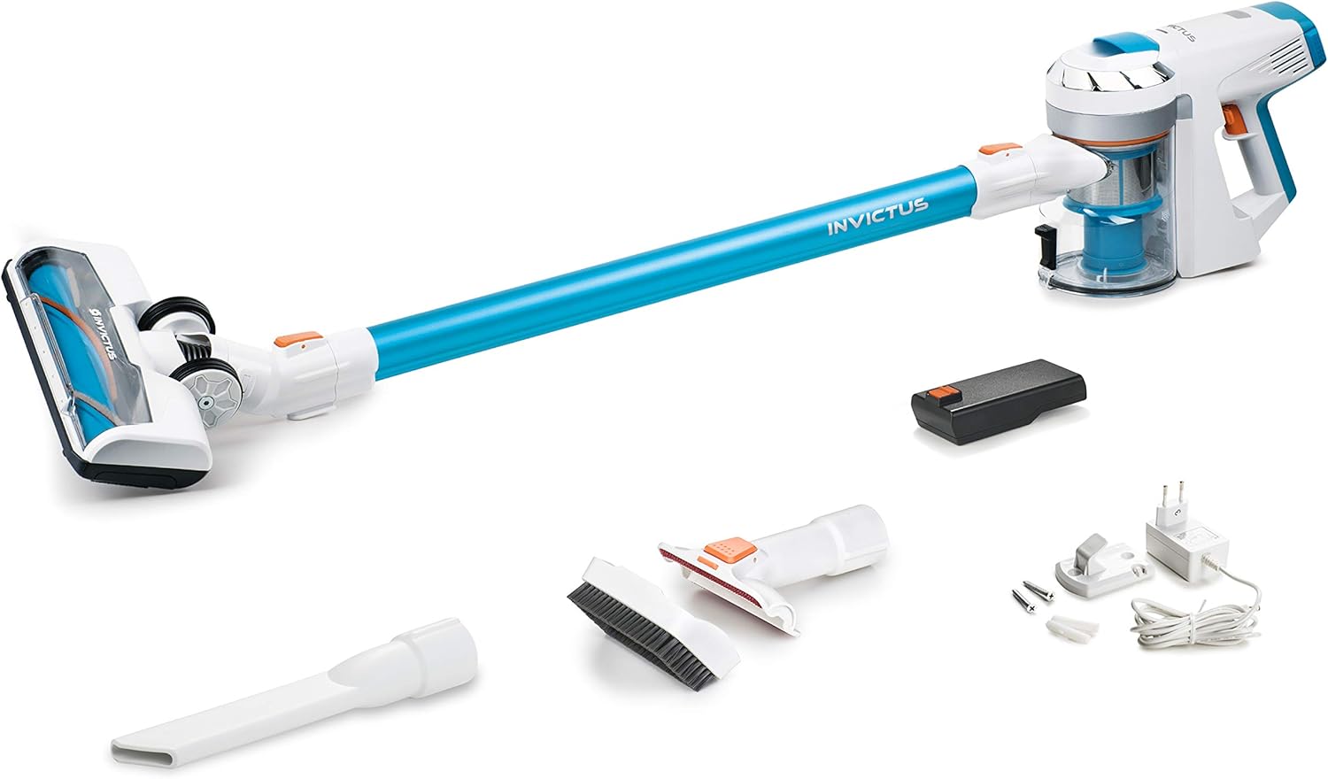 Genius Invictus X7 Akku-Staubsauger (13 Teile) Beutelloser und kabelloser 2in1 Staubsauger mit 380 Watt Saugleistung und integrierten LED-Spot-Lichter, Lithium-Ionen Akku (30 min), Weiß/Blau