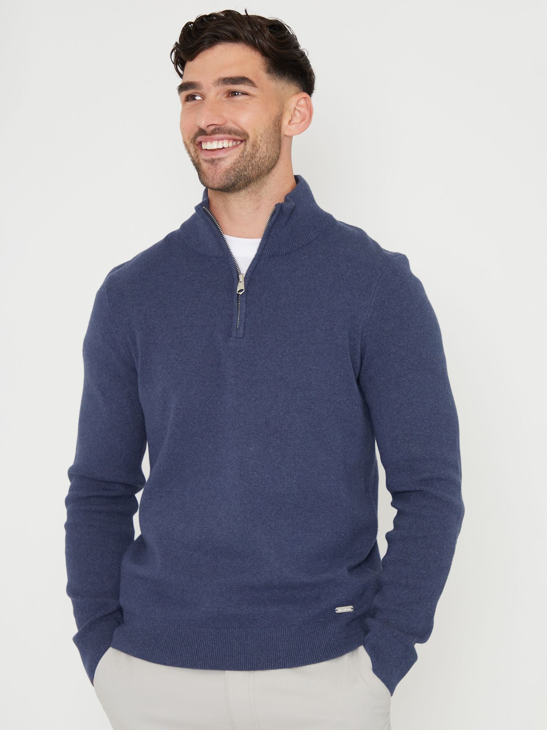 Denimblauw - Threadbare gebreide trui van katoenmix met korte rits