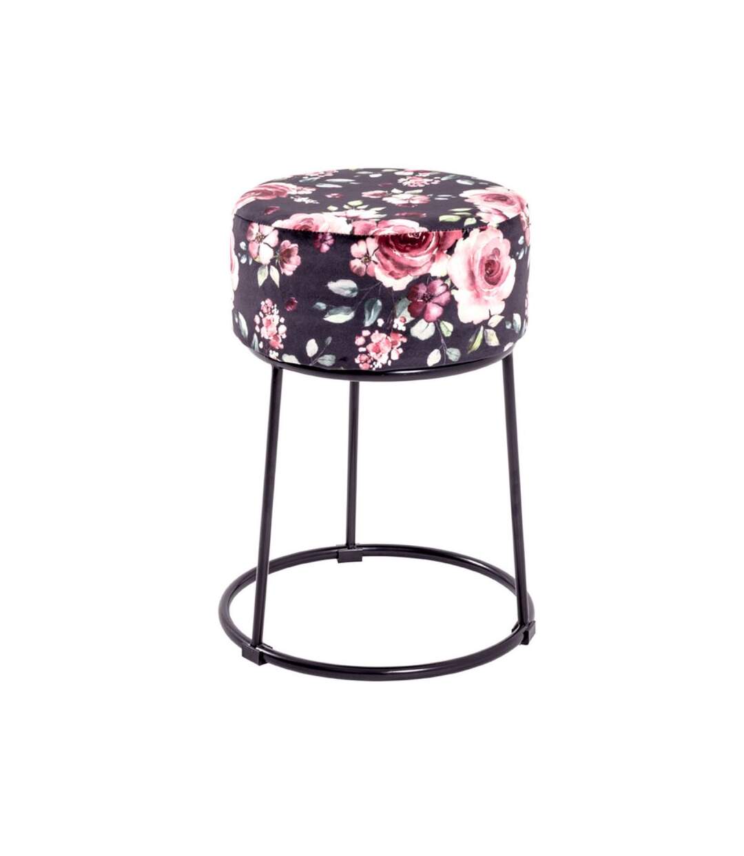 Paris Prix - Tabouret En Velours motif Fleurs 46cm Noir & Rose