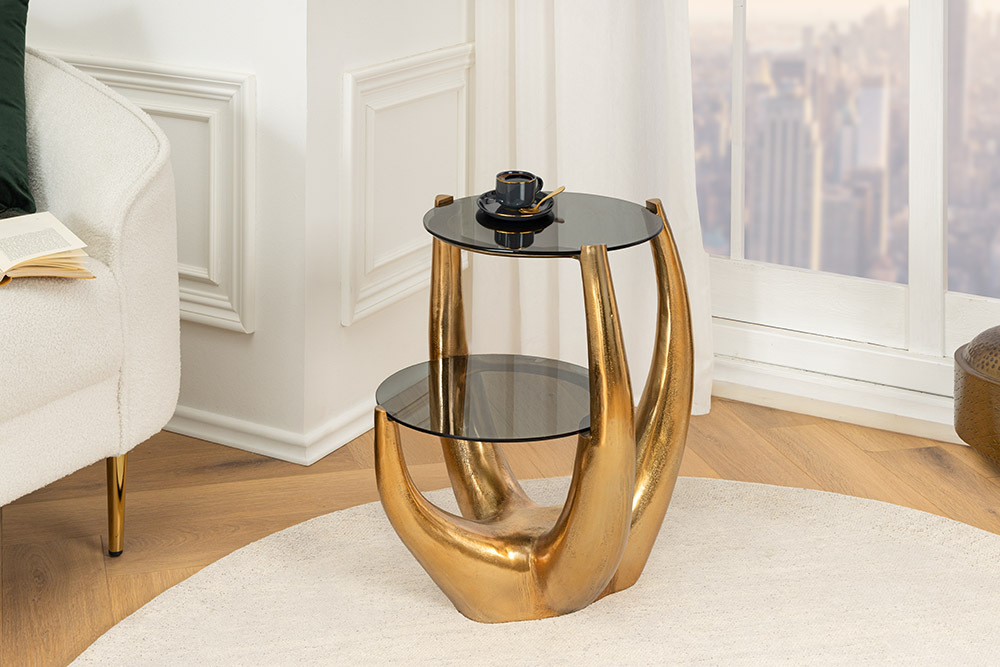 Handgefertigter Beistelltisch LEVELS 50cm gold antik Schwarzglas schwarz Metall