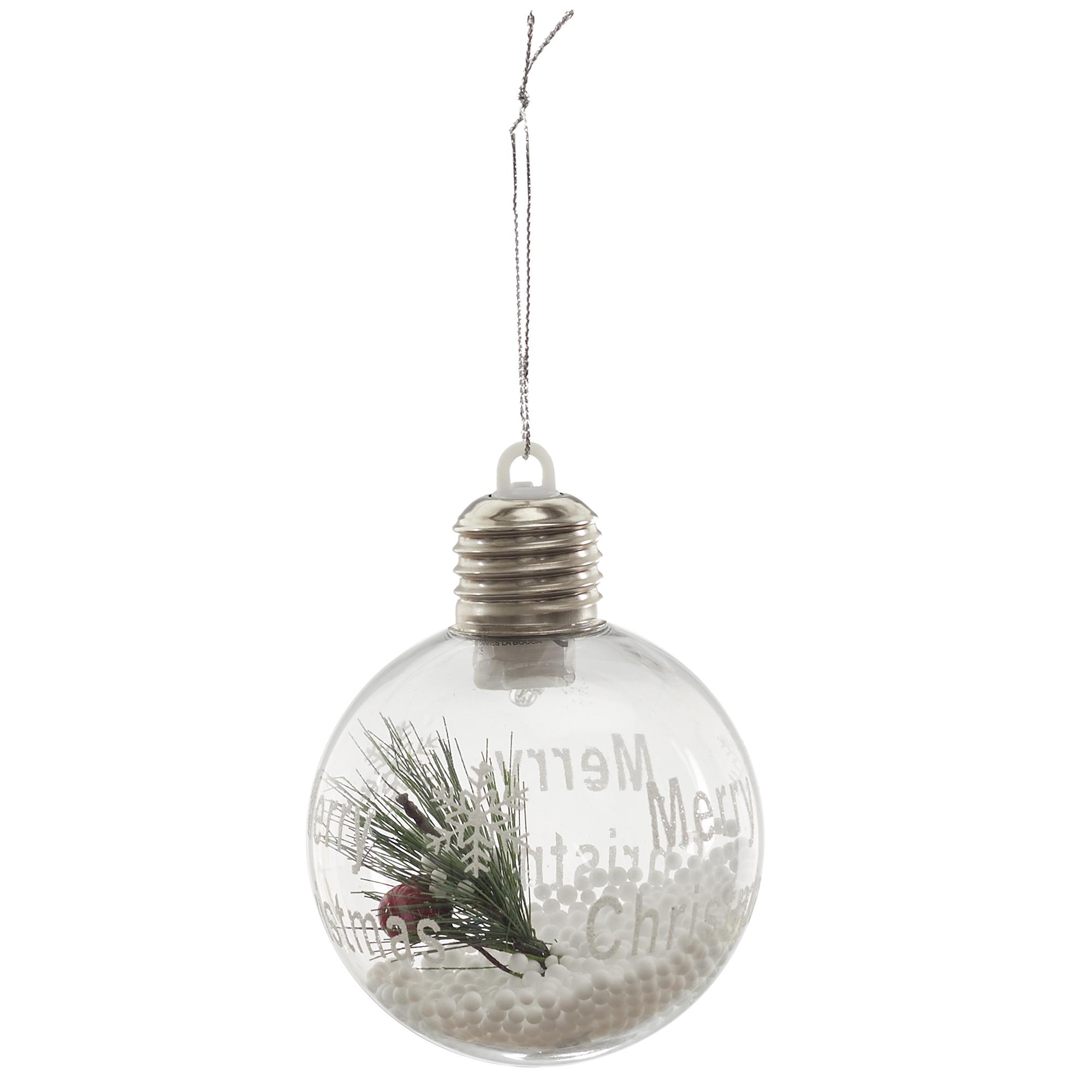 BOULE LED MERRY CHRISTMAS AVEC NEIGE ET HOUX D.8CM