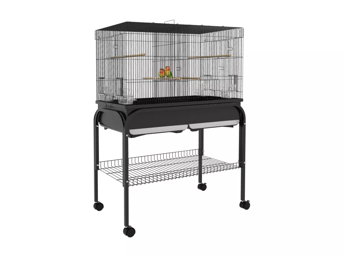 Grande cage oiseaux - cage perroquet - grande volière sur roulettes - étagère, plateaux coulissants, accessoires - noir