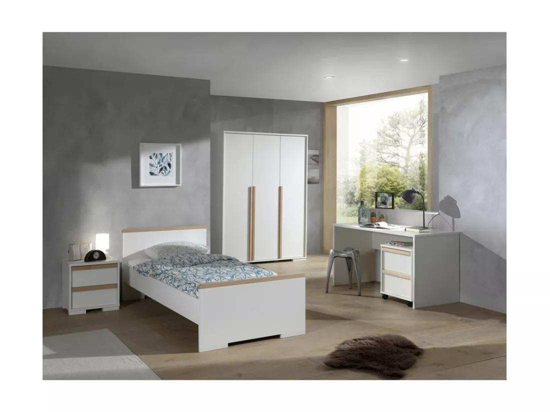 NASH WHITE - Lit 90x200cm + Chevet + Armoire 3P + Bureau + Caisson