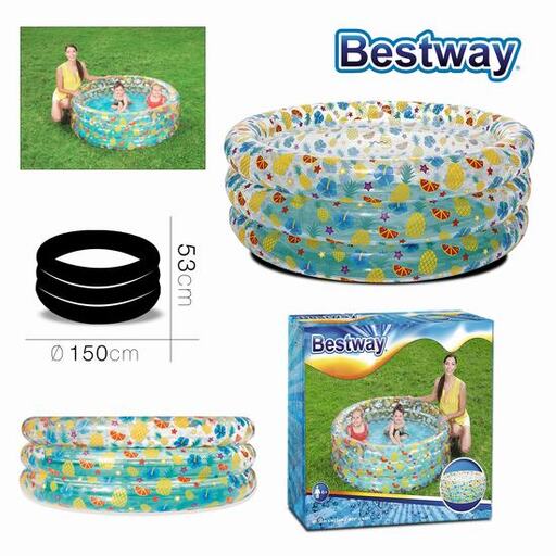 Piscina inflável transparente com 150 cm de diâmetro e 53 cm de altura.