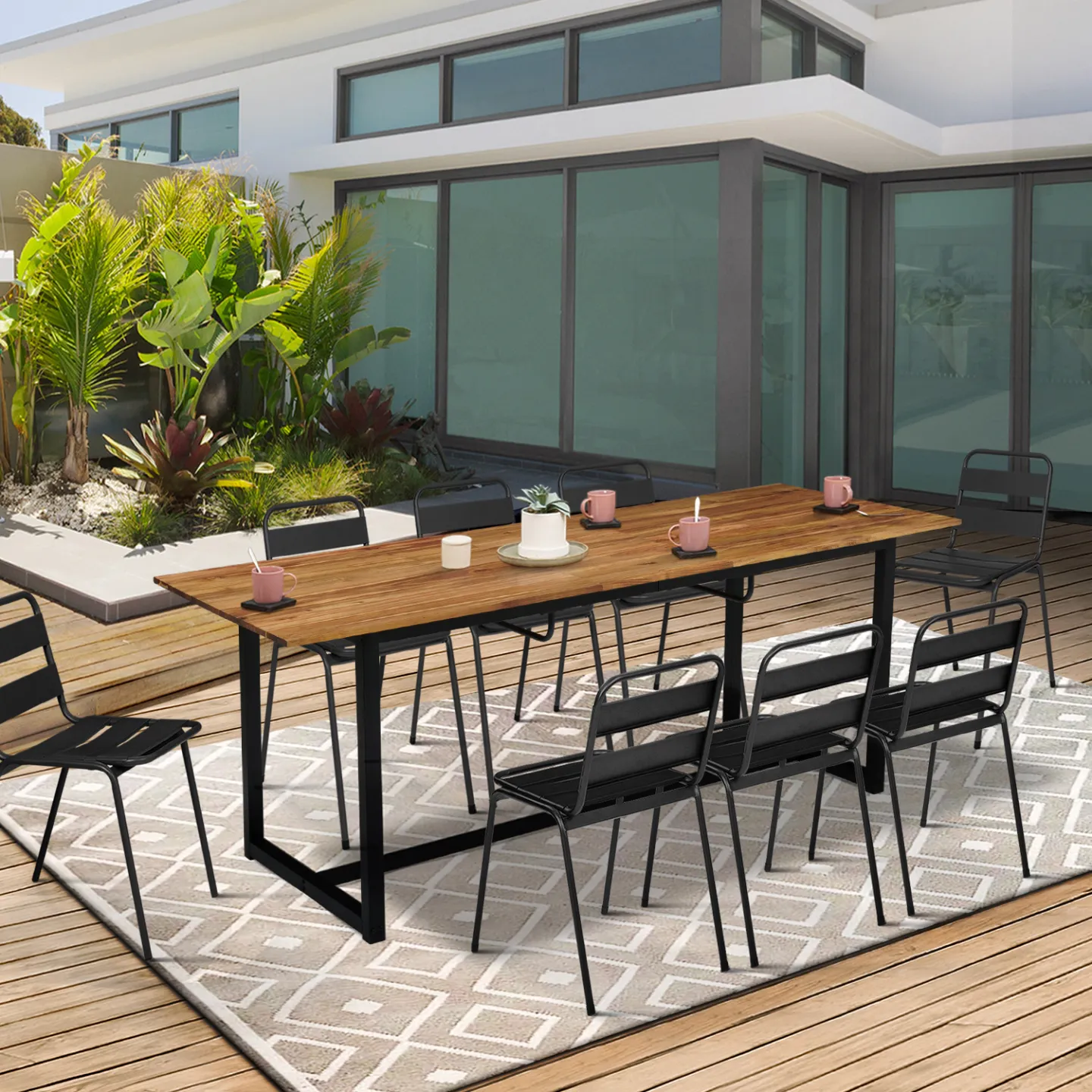 Salon de jardin extensible SOHO 8/10 places table 160/200 cm acier + acacia et 8 chaises empilables noires