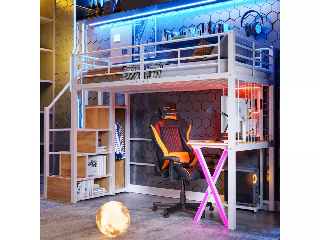 Lit mezzanine 90x200cm avec LED - bureau + penderie + échelle de rangement - Blanc
