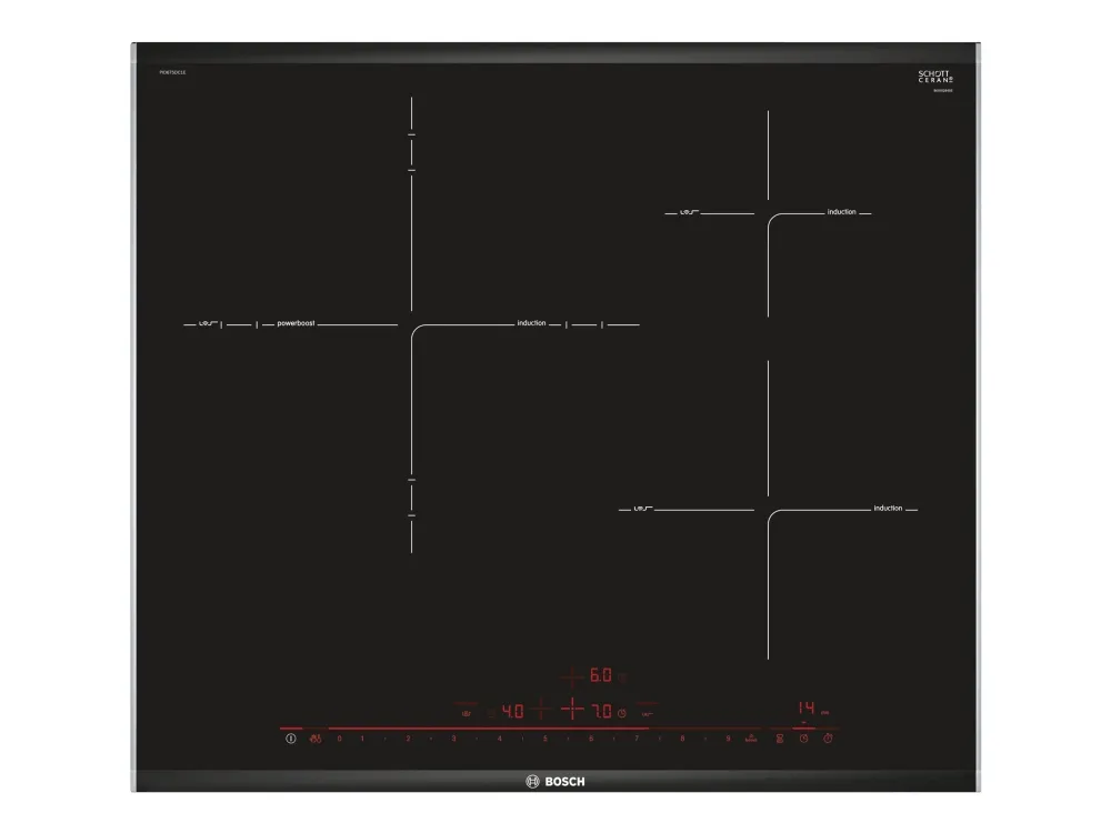 Bosch Serie | 8 PID675DC1E - Induktions kogeplade - 3 plader - Niche - bredde: 56 cm - dybde: 49 cm - med kantet front og ryg-pynt, aluminiumssidepynt - sort