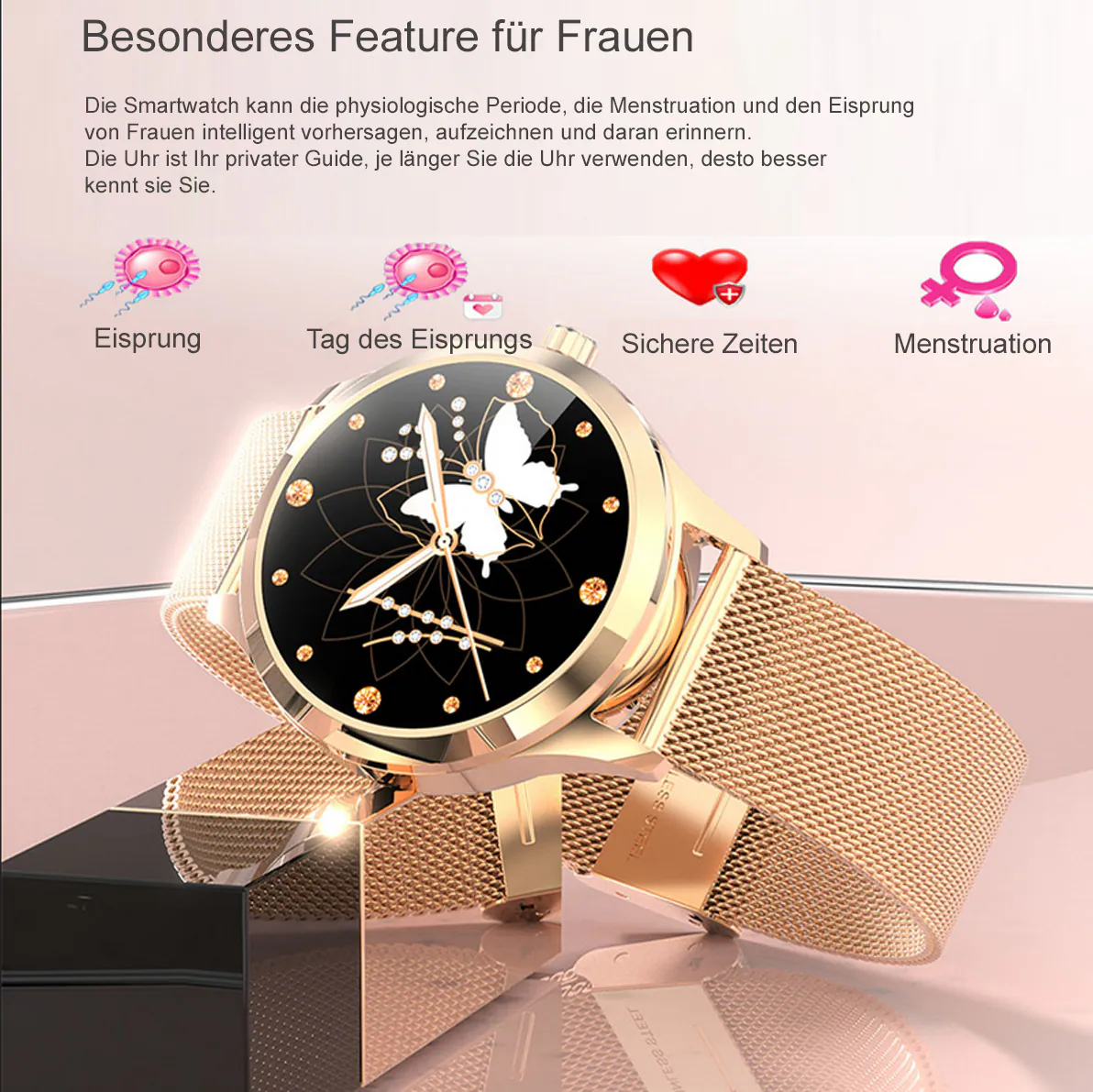 TPFNet Damen Smart Watch / Fitness Tracker IP68 - Milanaise Armband - Android & IOS - Gold