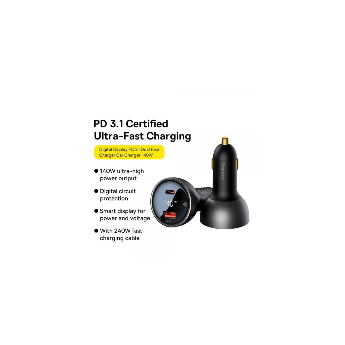 Baseus Mobillader til bil Digital Display PD3.1 Dual Cast Car Charger 140W