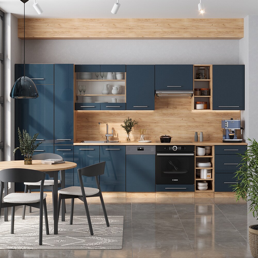 Vicco Küchenzeile Fame-Line Eiche Dunkelblau Hochglanz 355 cm mit Arbeitsplatte Anthrazit
