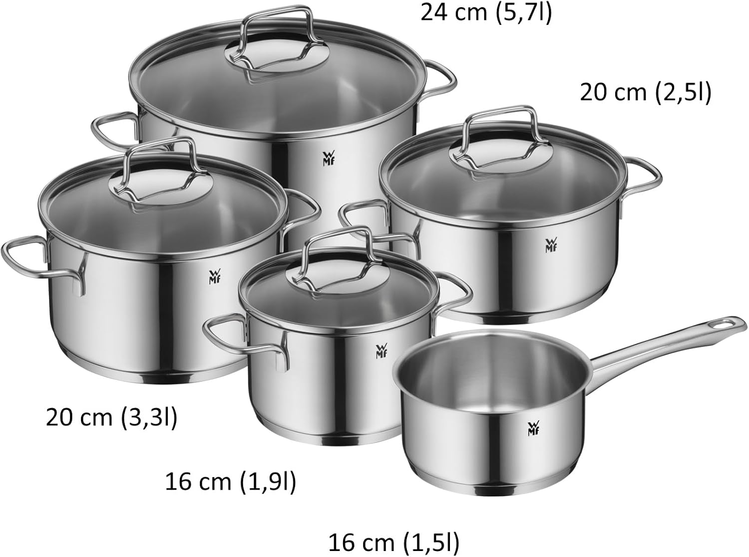 WMF Astoria Vorteils Topfset Induktion 5-teilig, Kochtopf Set mit Glasdeckel, Cromargan Edelstahl poliert, Induktions Töpfe Set unbeschichtet