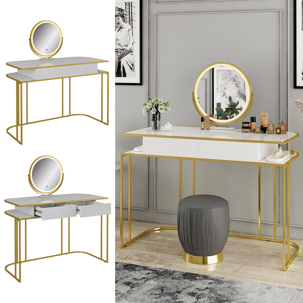 Vicco Schminktisch Tiara, 110 x 122 cm, Weiß Gold, Frisiertisch mit LED-Spiegel