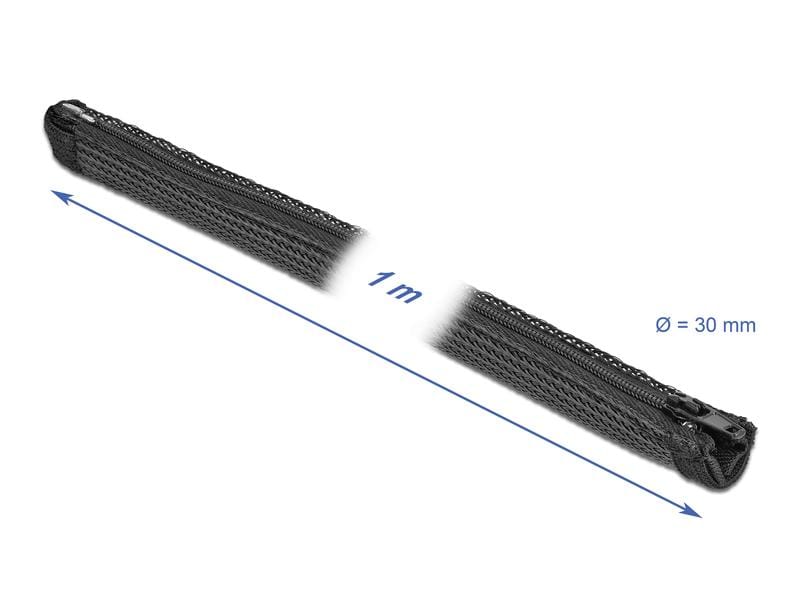 Delock Kabelschlauch 1 m x 30 mm, mit Reissverschluss Schwa Geflechtschlauch mit Reissverschluss hitzebeständig 1 m x 30 mm Schwarz