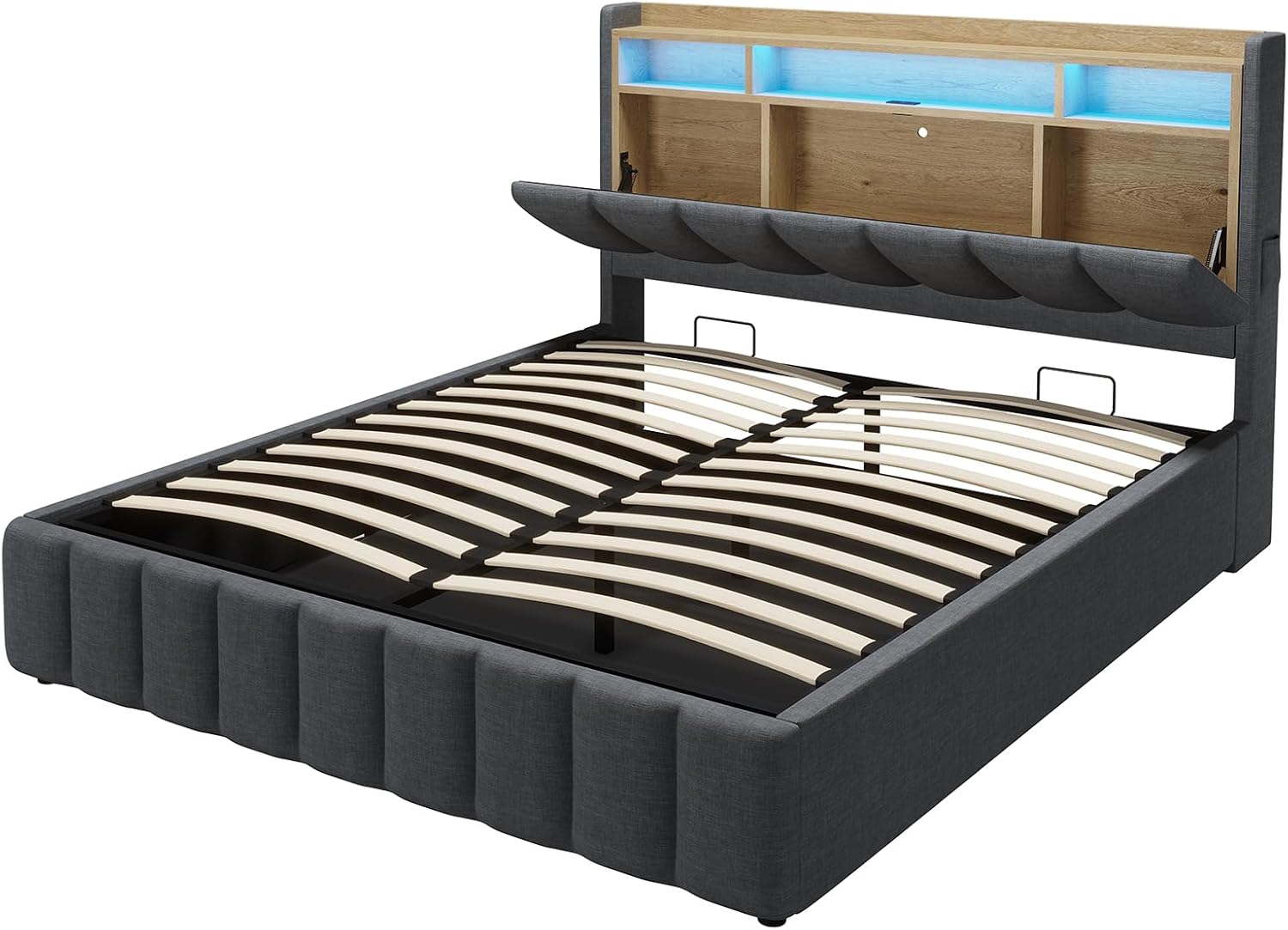 Bett mit LED Beleuchtung, Hydraulisches Bett 140 x 200 cm, Polsterbett, Regalkopfteil mit Stauraum, Bettgestell mit Lattenrost, bequem, für Schlafzimmer, Gästezimmer, Leinenstoff grau