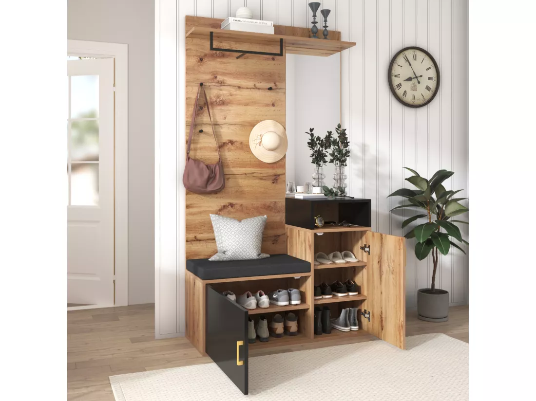 Ensemble vestiaire multifonctionnel - vestiaire avec 4 patères, miroir, armoire à chaussures - vestiaire mural, étagère supérieure, vestiaire d'entrée banc 104x38.5x190cm