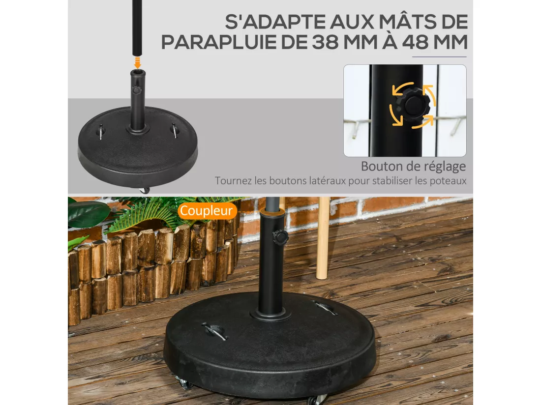 Pied de parasol rond - base de lestage parasol sur roulettes - poids net 24 Kg - résine surface granuleuse noir
