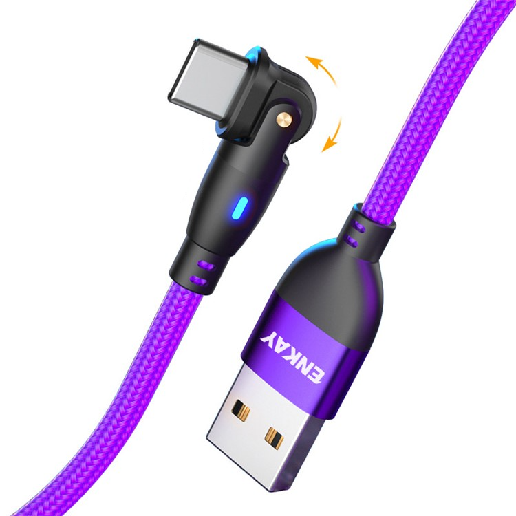 (1m) 3A USB A auf USB C Ladekabel 180° Nylon Datenkabel mit LED - Violett