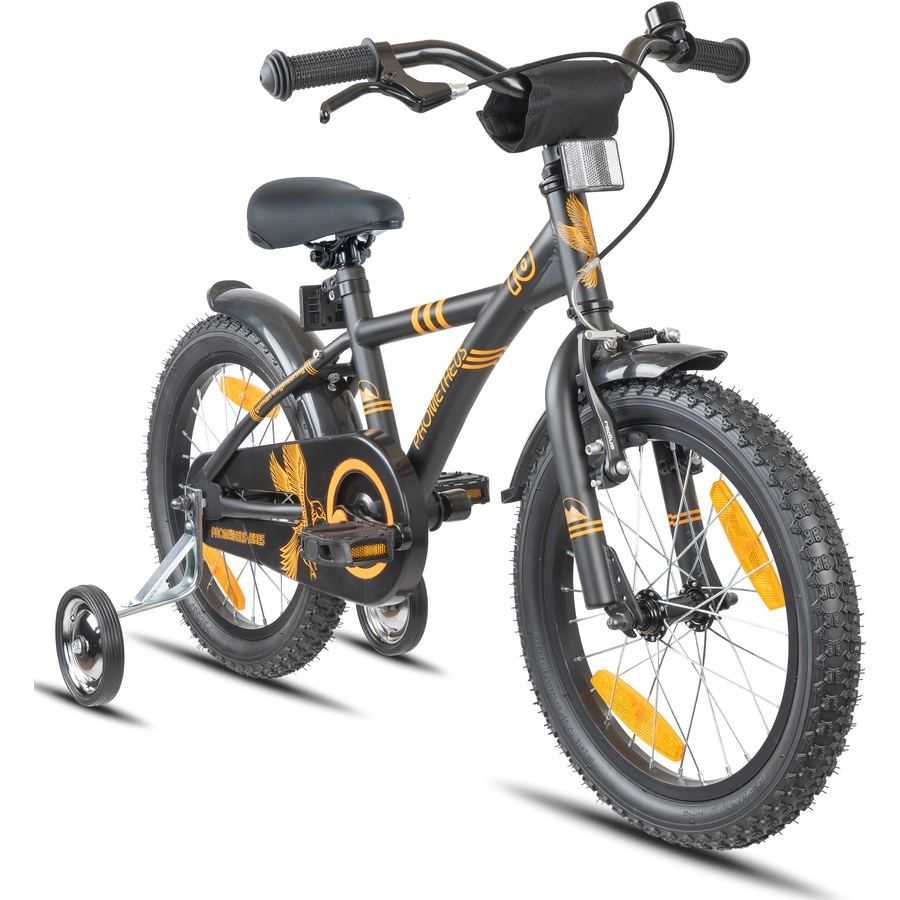 PROMETHEUS BICYCLES® Kinderfahrrad 16, Schwarz-Matt Orange mit Stützrädern