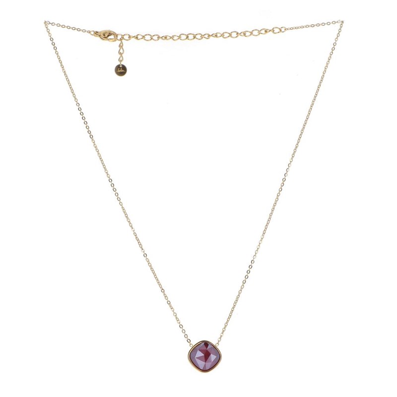 Collier en acier maille dorée orné d'un cristal taillé couleur prune avec chaînette réglable