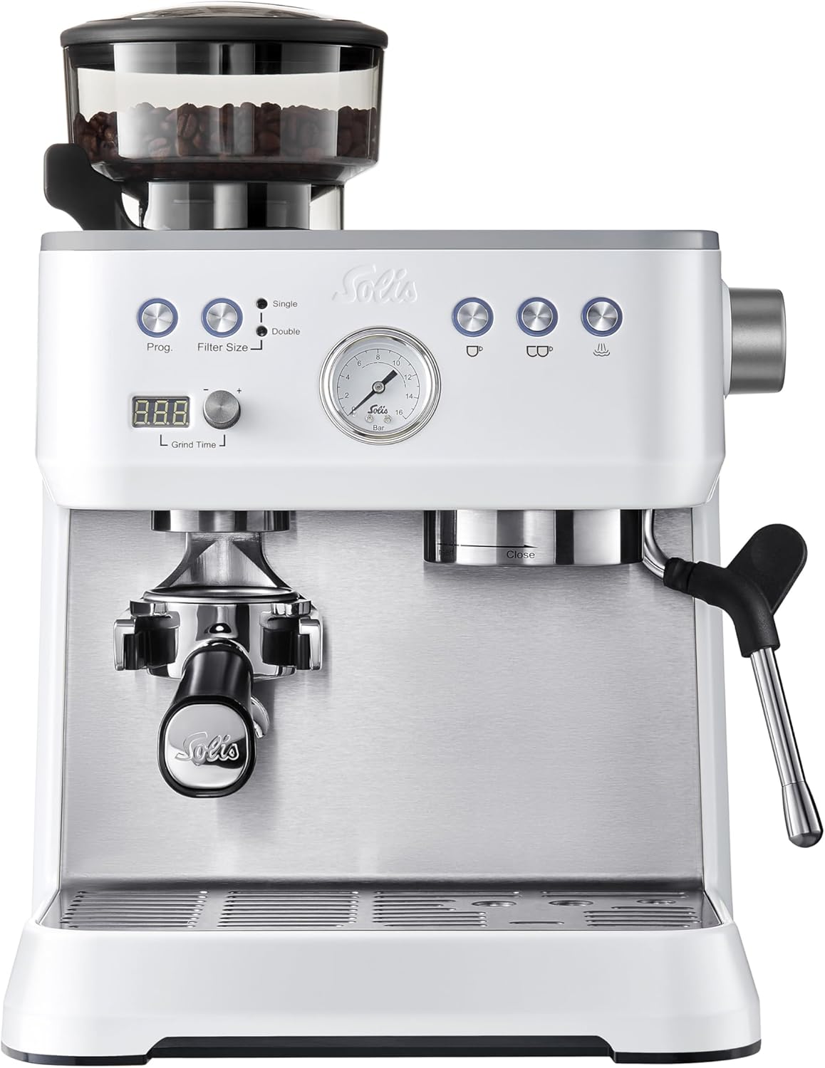 Solis Grind & Infuse Perfetta 1019 Siebträgermaschine - Kaffeemaschine mit Mahlwerk - Integrierte Zero Static Kaffeemühle - Espressomaschine mit Dampf- und Heißwasserfunktion - Edelstahl