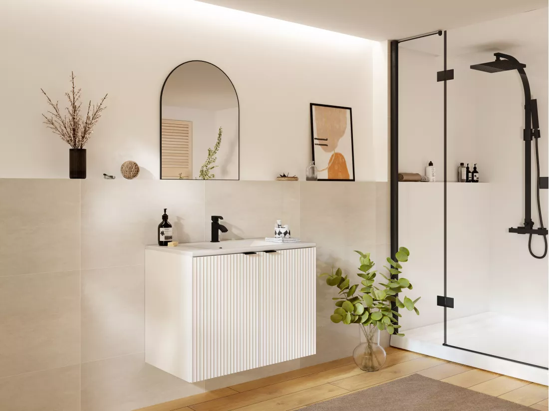 Meuble de salle de bain suspendu strié avec vasque à encastrer - Blanc - 80 cm - PARMIZA