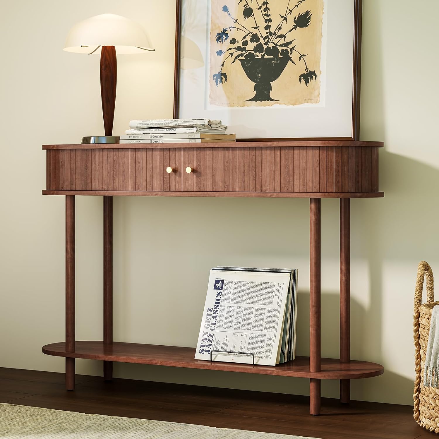 Konsolentisch mit Schubladen und Stauschrank, Braun Schmal Konsolentisch mit Schiebetüren, Holz Konsolentische fürs Wohnzimmer, Eingang, Hausflur, Schlafzimmer