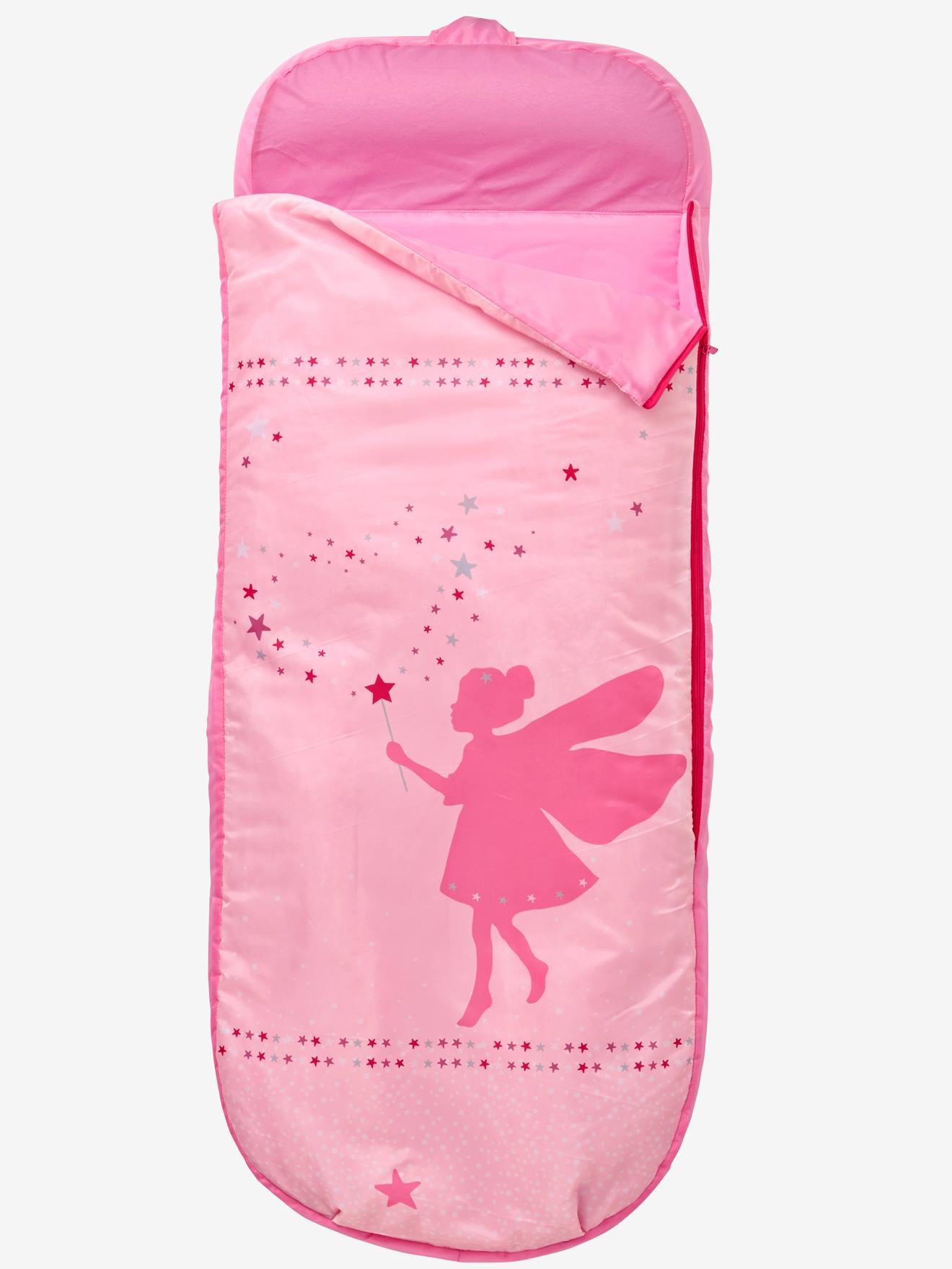 Saco de dormir de fada com colchão embutido. Estampa de fada rosa.