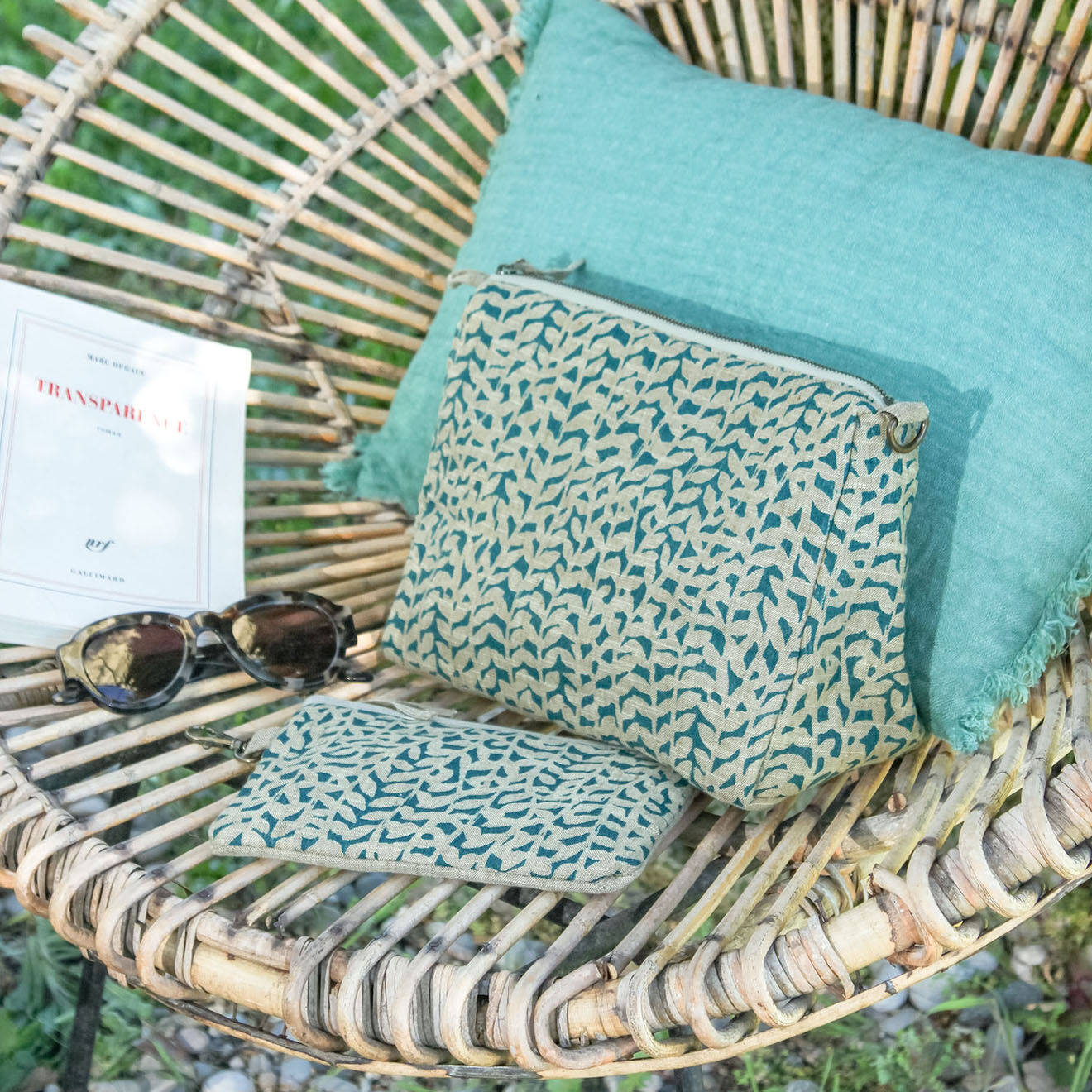 En Fil d'Indienne Trousse plate + trousse de toilette Lierre paon