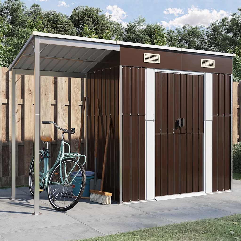 vidaXL Gartenhaus, Geräteschuppen mit Schleppdach Schrägdach, Gerätehaus für Gartengeräte Werkzeuge, Garten Metall Schuppen, Braun Stahl