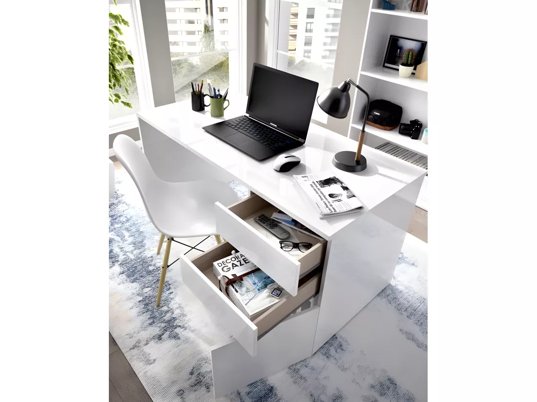 Bureau Réversible coloris blanc brillant - Longueur 139 x Profondeur 60 x Hauteur 75 cm