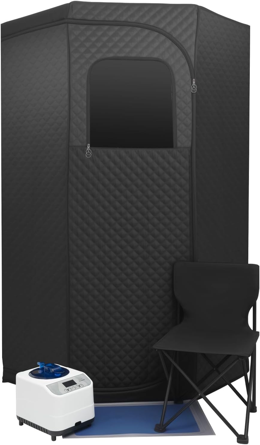 Dampfsauna Tragbar 230V mit Saunazelt Dampferzeuger Klappstuhl 1350W Mobile Sauna Zelt mit Fernbedienung Sauna Indoor Dampfsauna für zuhause Heimsauna 3L-Wassertank 9-Temperaturstufen 5-60min-Timer