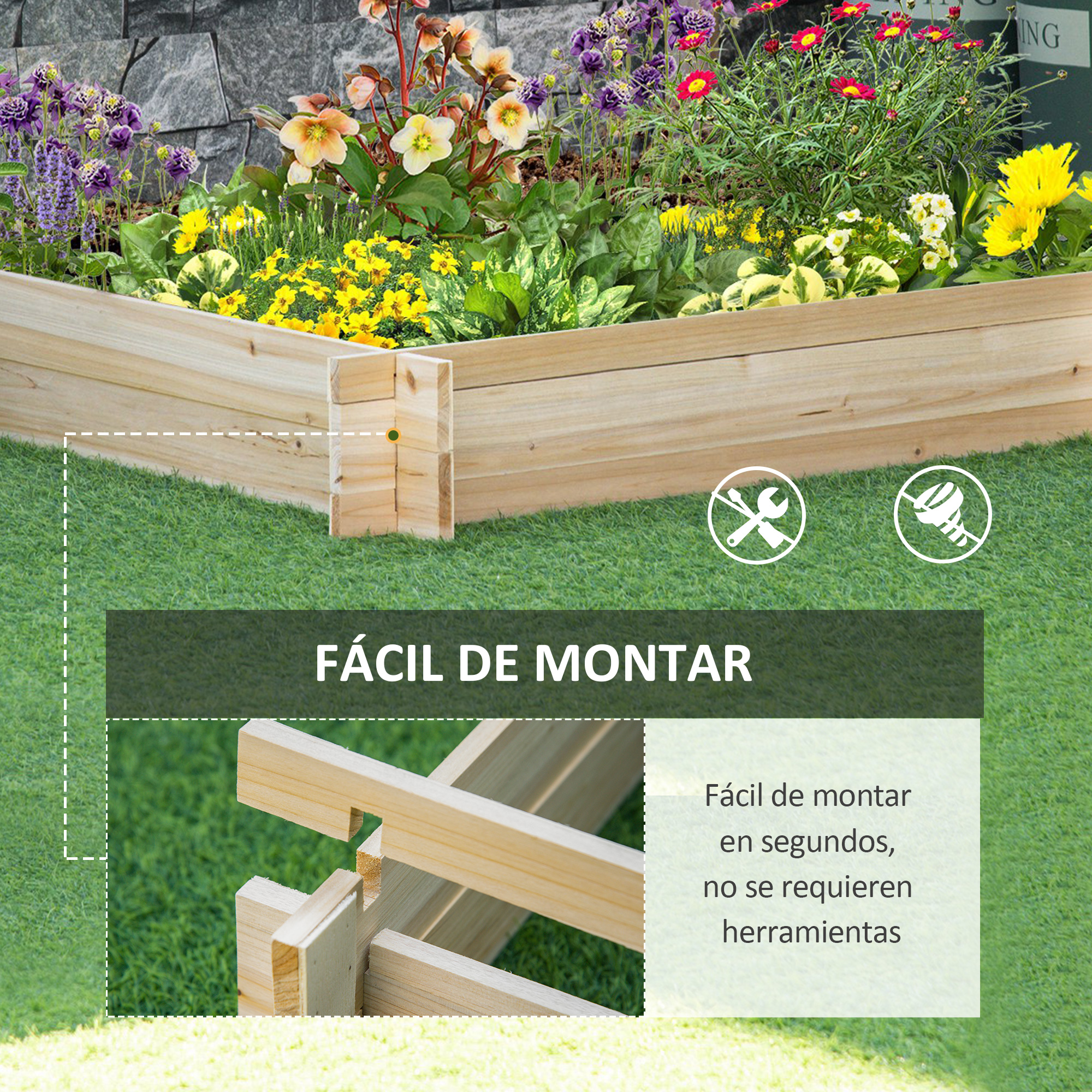 Vaso de madeira quadrado Outsunny Urban Garden para cultivo de plantas, flores e ervas em terraços, 100x100x16 cm, cor natural.