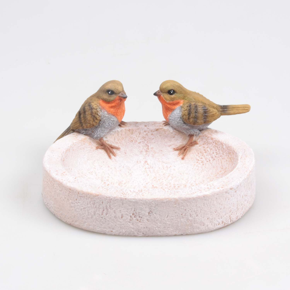 Bain oiseau en résine avec oiseaux 20 x 15 x 10.5 cm rouge gorge