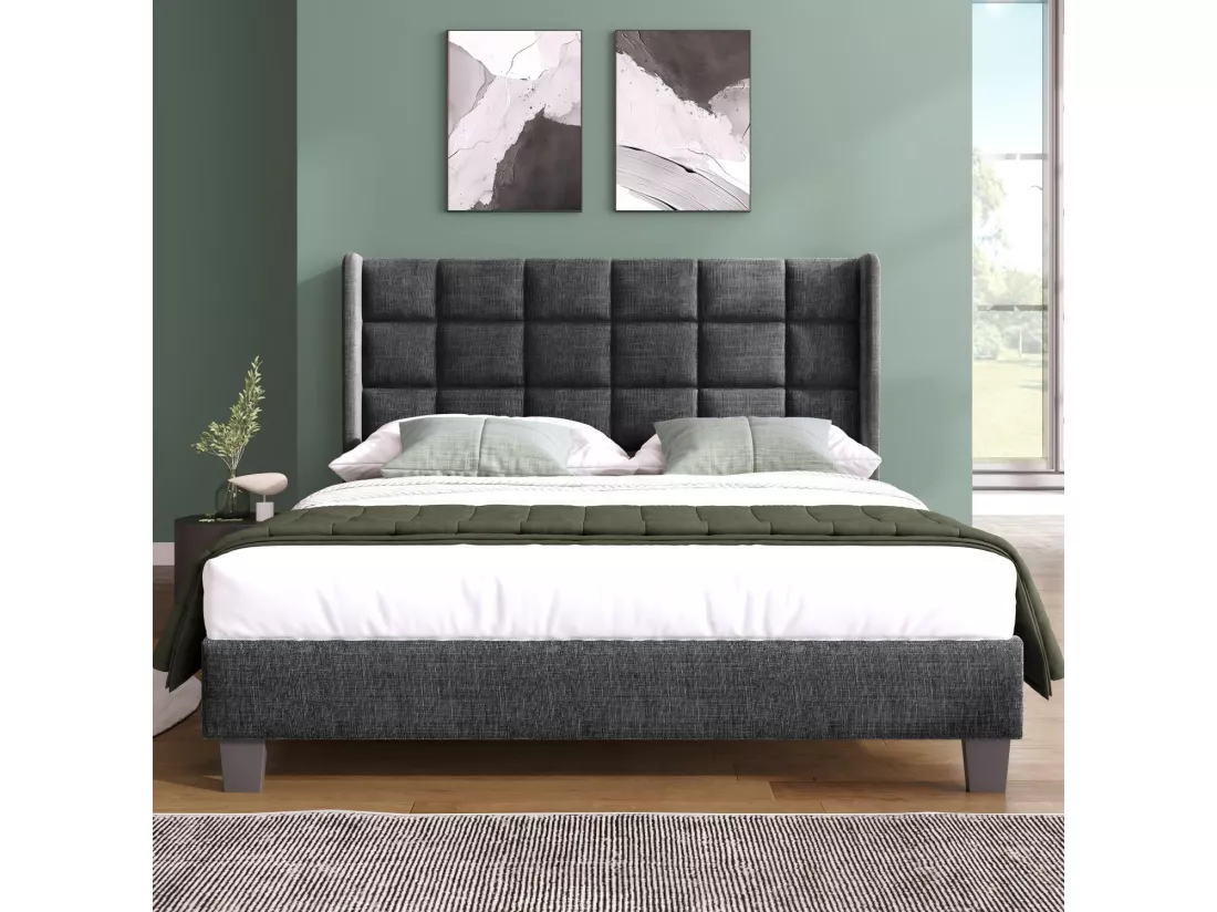 Lit double 140x200 cm, en lin gris, avec cadre à latte, sans matelas
