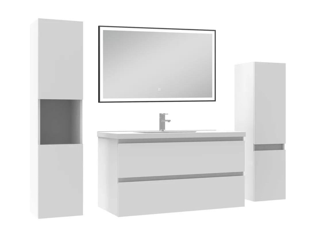 Meuble Salle de Bain 100cm avec colonne et miroir lumineux 3 couleurs blanc