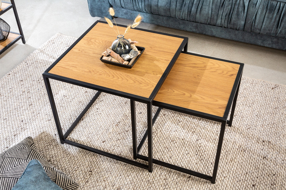 Design Beistelltische 2er Set SLIM LINE 50cm Wildeiche schwarz Industrial Stil