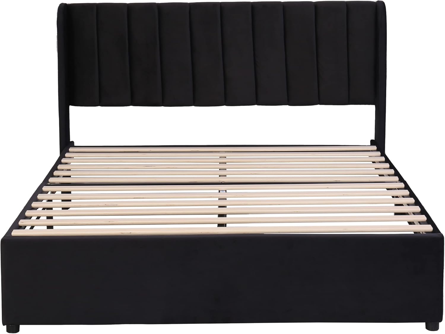HESHU Polsterbett 180 x 200 cm mit 2 Schublade, Samt Doppelbett mit Stauraum, Bett mit Lattenrost, Kopfteil Rückenlehne, Modernes Bettgestell, Schwarz, ohne Matratze