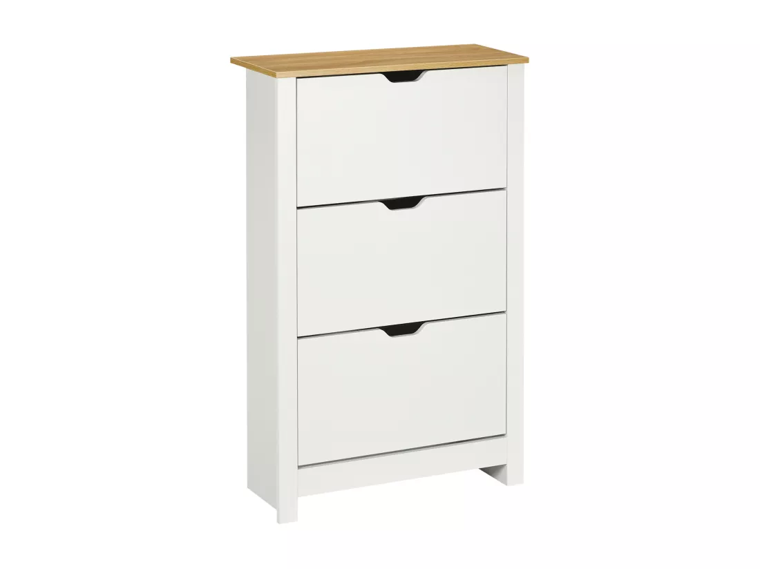 Armoire à chaussures 3 portes abattantes 2 compartiments panneaux particules blanc chêne