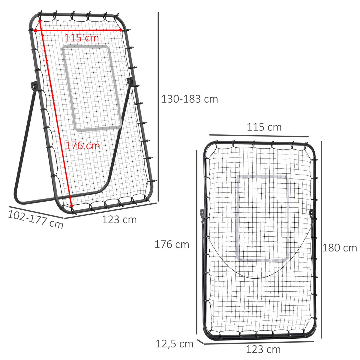HOMCOM Football Rebounder, opvouwbaar voetbaldoel, kickback reboundmuur met 4 verstelbare niveaus, 123 x 73 x 178,5 cm, PE-net, ijzer, zwart