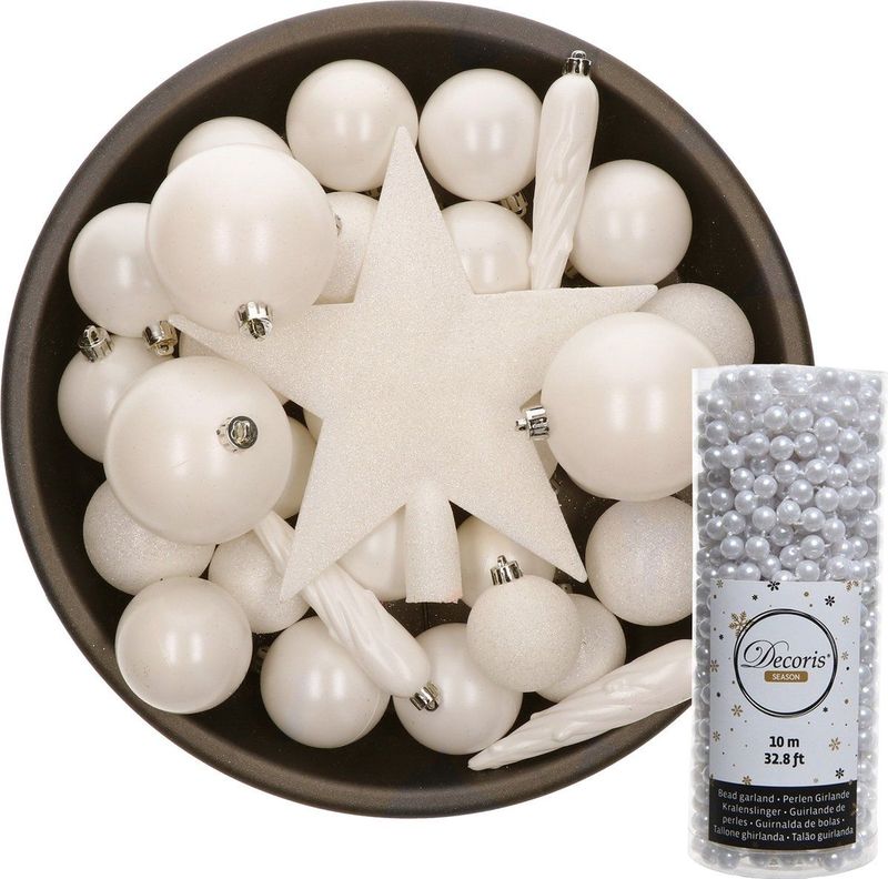 Decoris - 34-delige Kerstversiering - Wol Wit - Kunststof