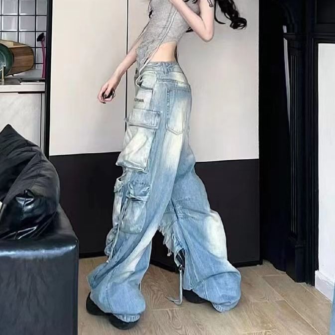 Slyaddie - Low Waist Washed Ripped Wide Leg Cargo Jeans