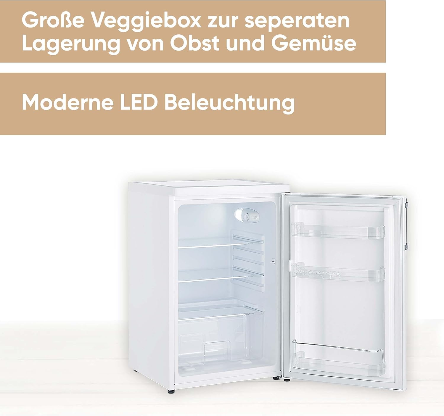 SEVERIN Vollraumkühlschrank, inkl. moderner LED Beleuchtung, 2 x höhenverstellbare Abstellflächen, große Veggiebox, extrem leise - 41 dB, 120 L Nutzinhalt, weiß, VKS 8808