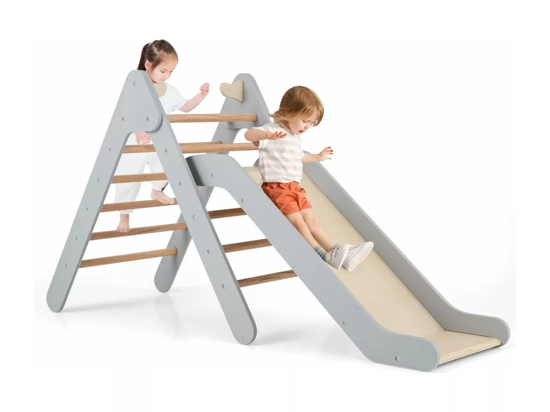 2 en 1 Triangle d'escalade Montessori Enfant avec Toboggan, Echelle d’Escalade en Bois avec Hauteur Réglable, Jouet d'escalade pour Chambre Salle de Jeux, Charge 60kg pour Enfants de 1 an+