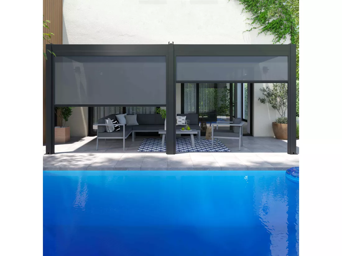 Pergola bioclimatique adossée 3x6m et 4 Stores 2,66 x 2,34m