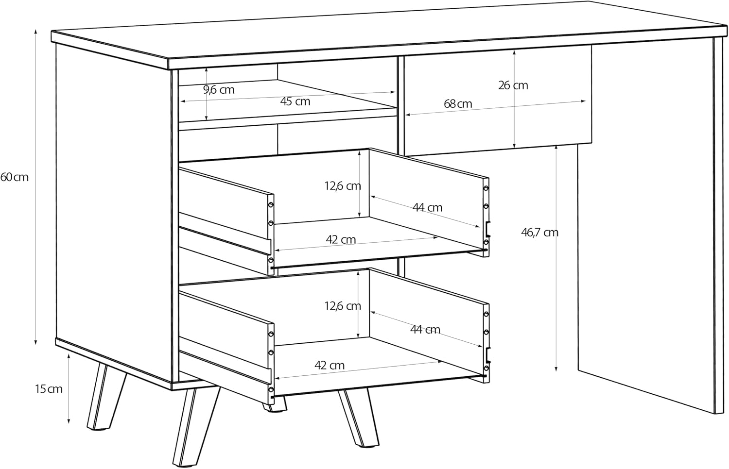 Forte VANKKA Schreibtisch 120, Skandi Schreibtisch mit 2 Schubladen, offenen Fach und filigranen Möbelbeinen, Holzwerkstoff, Planked Eiche Holzdekor, 119,7 cm breit x 75 cm hoch x 52,7 cm tief