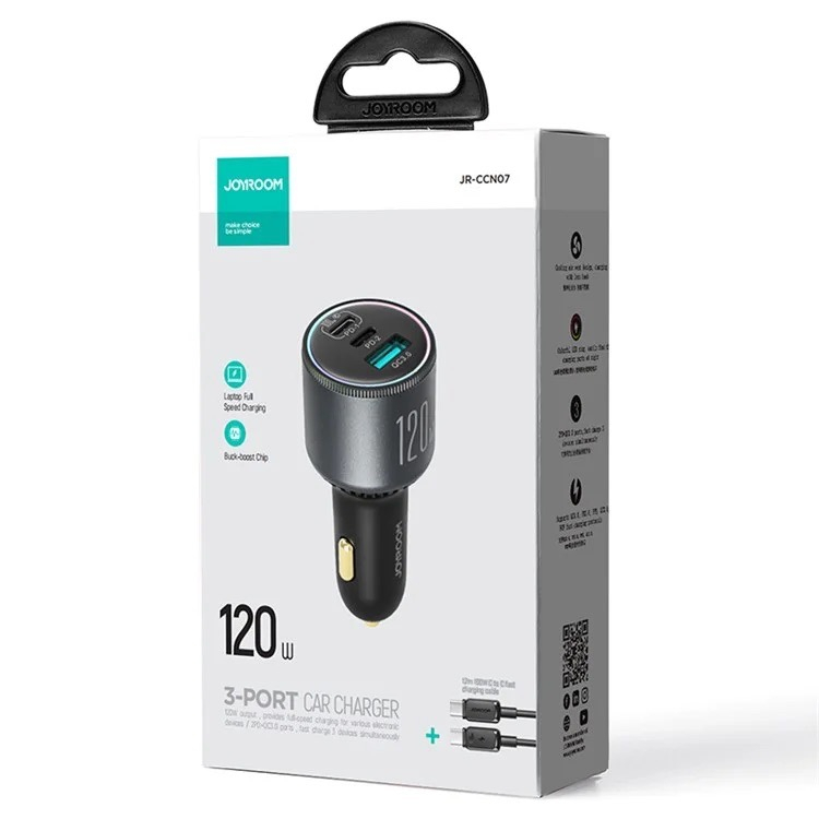 (120W) Dual USB C / USB A Auto KFZ Ladegerät Netzteil PD 3.0 / QC 3.0 mit LED Beleuchtung   USB C Ladekabel - Schwarz